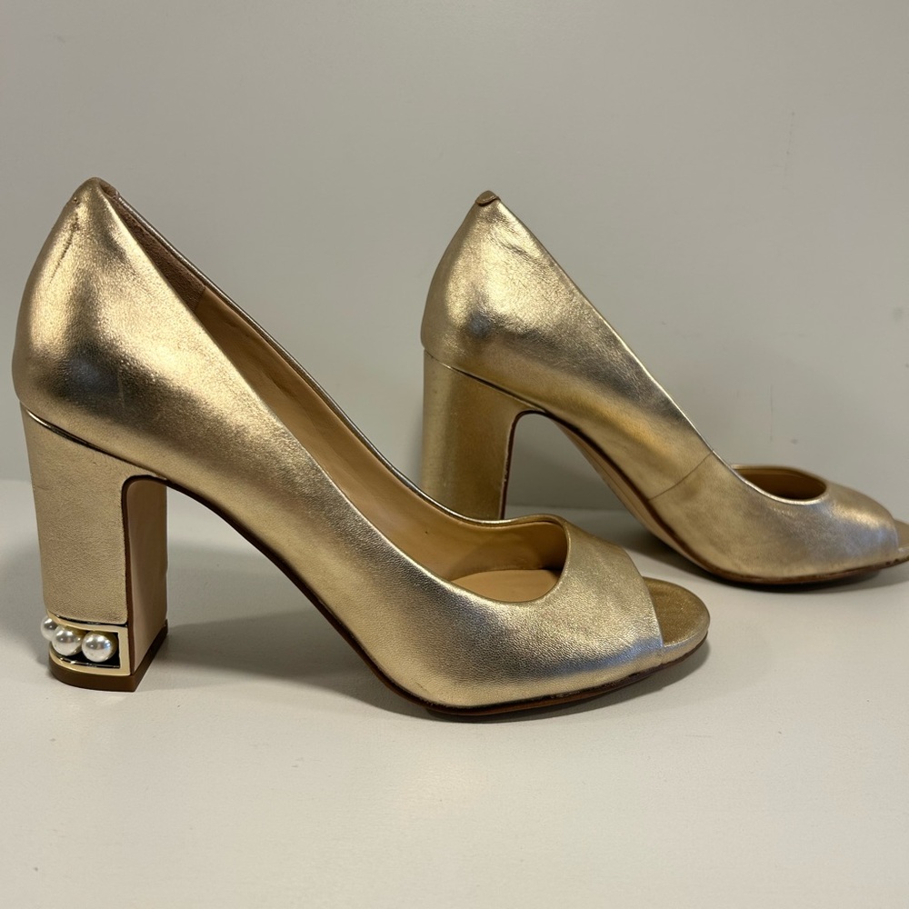Karl Lagerfeld Paris Gold Leather Peep Toe Pearl Block Heels | Size 6.5